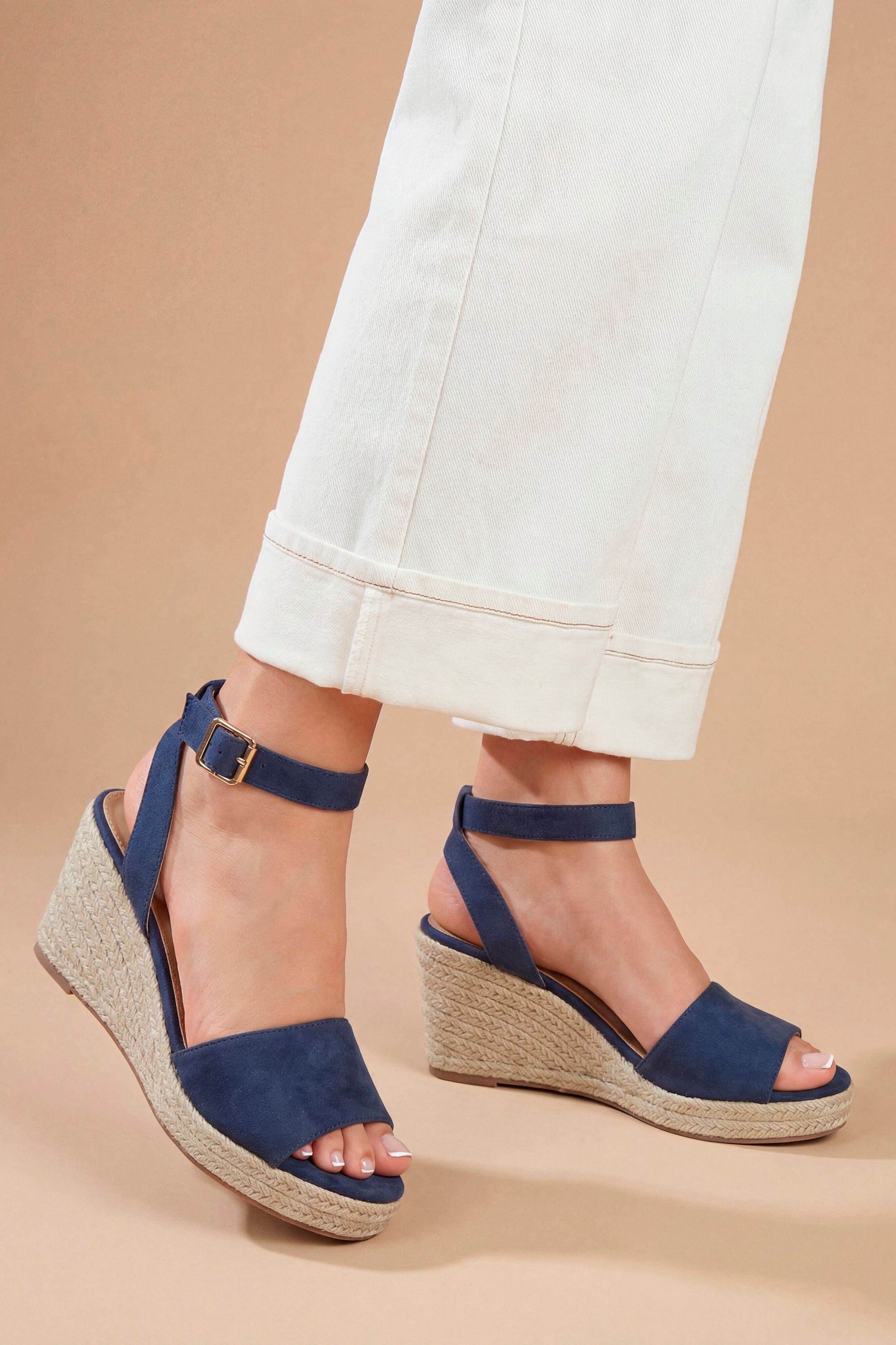 Dorothy Perkins Rebekah Faux Suede Peep Toe Espadrille Wedge Sandals Navy