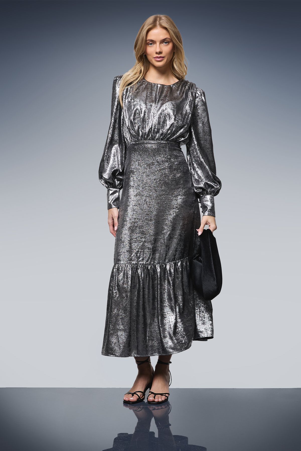 Oasis Lame Balloon Sleeve Midi Dress Silver image 1