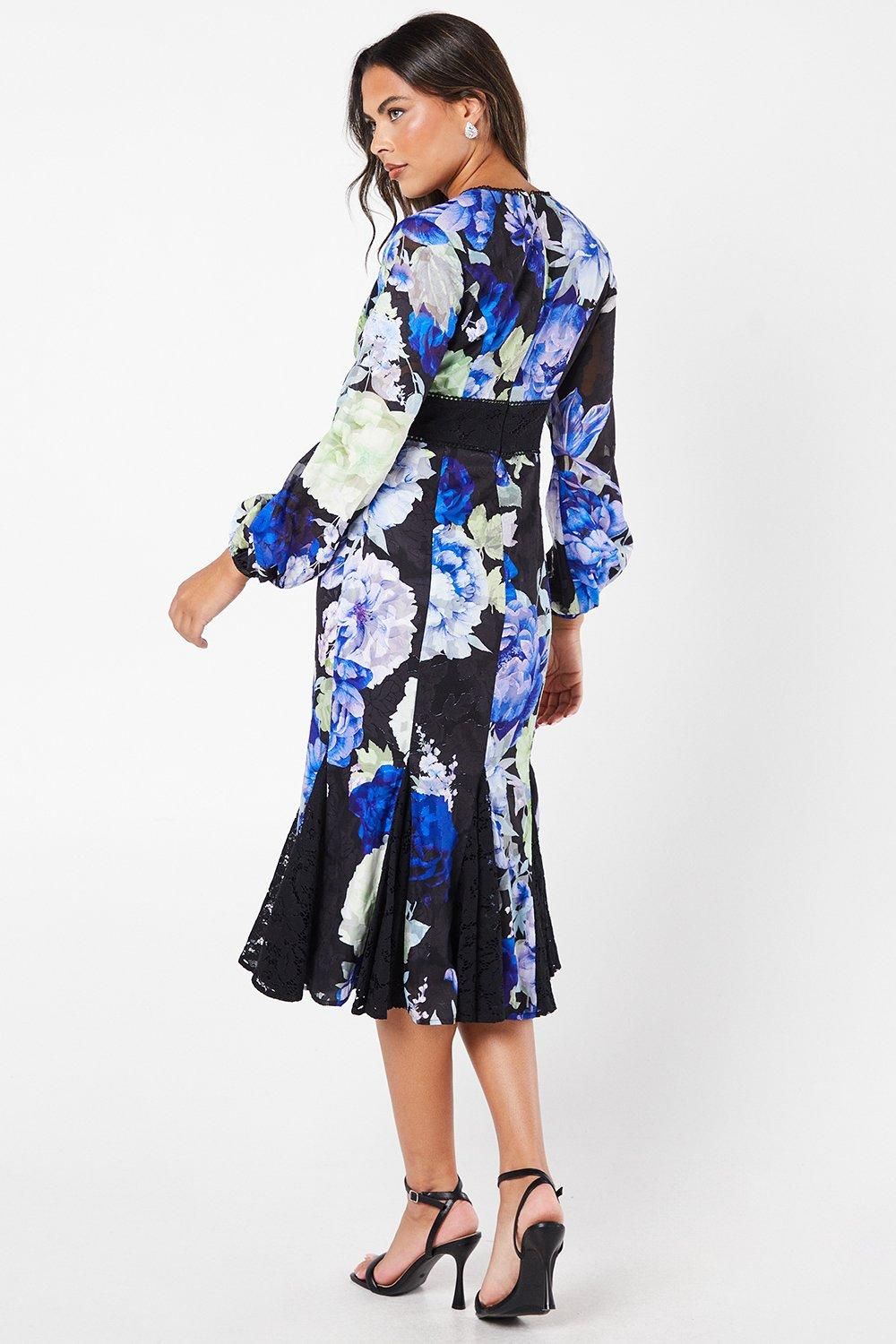 Coast Printed Lace Long Sleeve Midi Wedding Guest Dress Black image 3