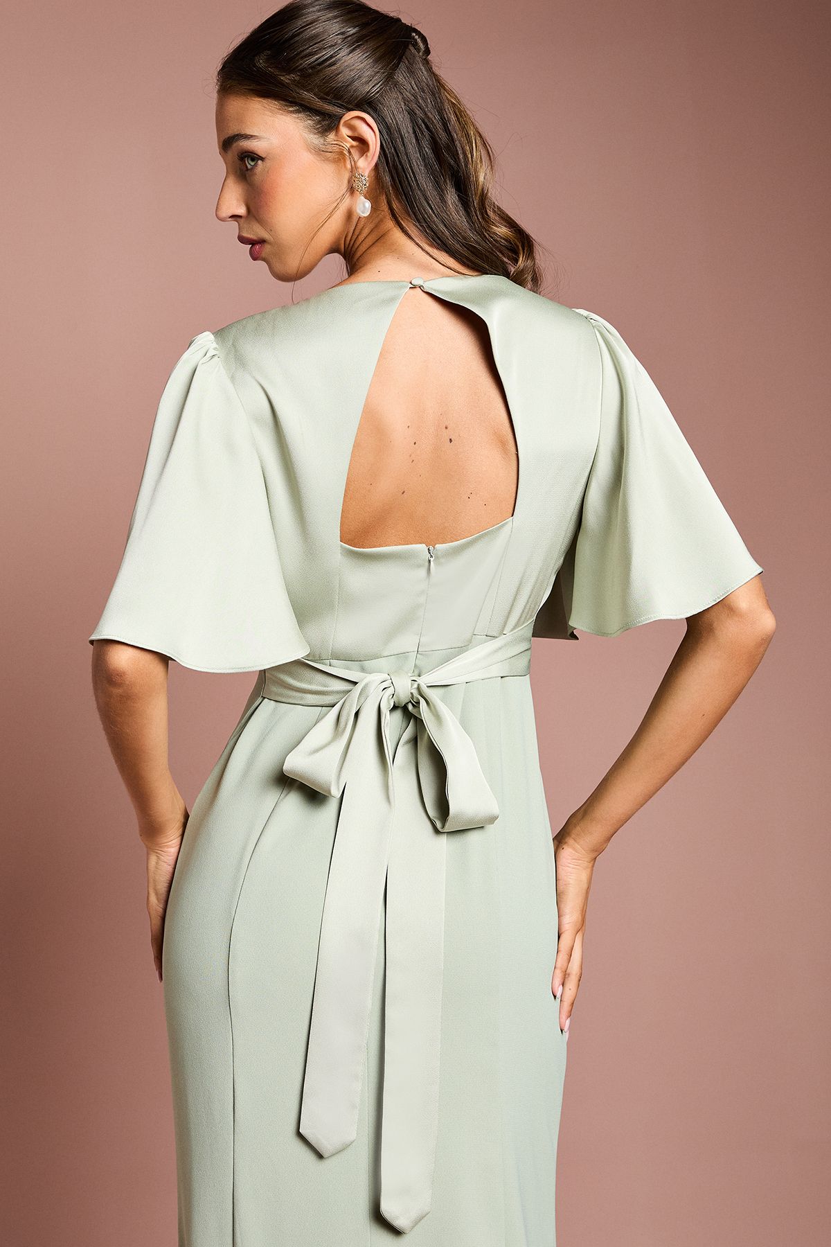 Coast Contrast Satin Angel Sleeve Open Back Bridesmaid Dress Sage image 4