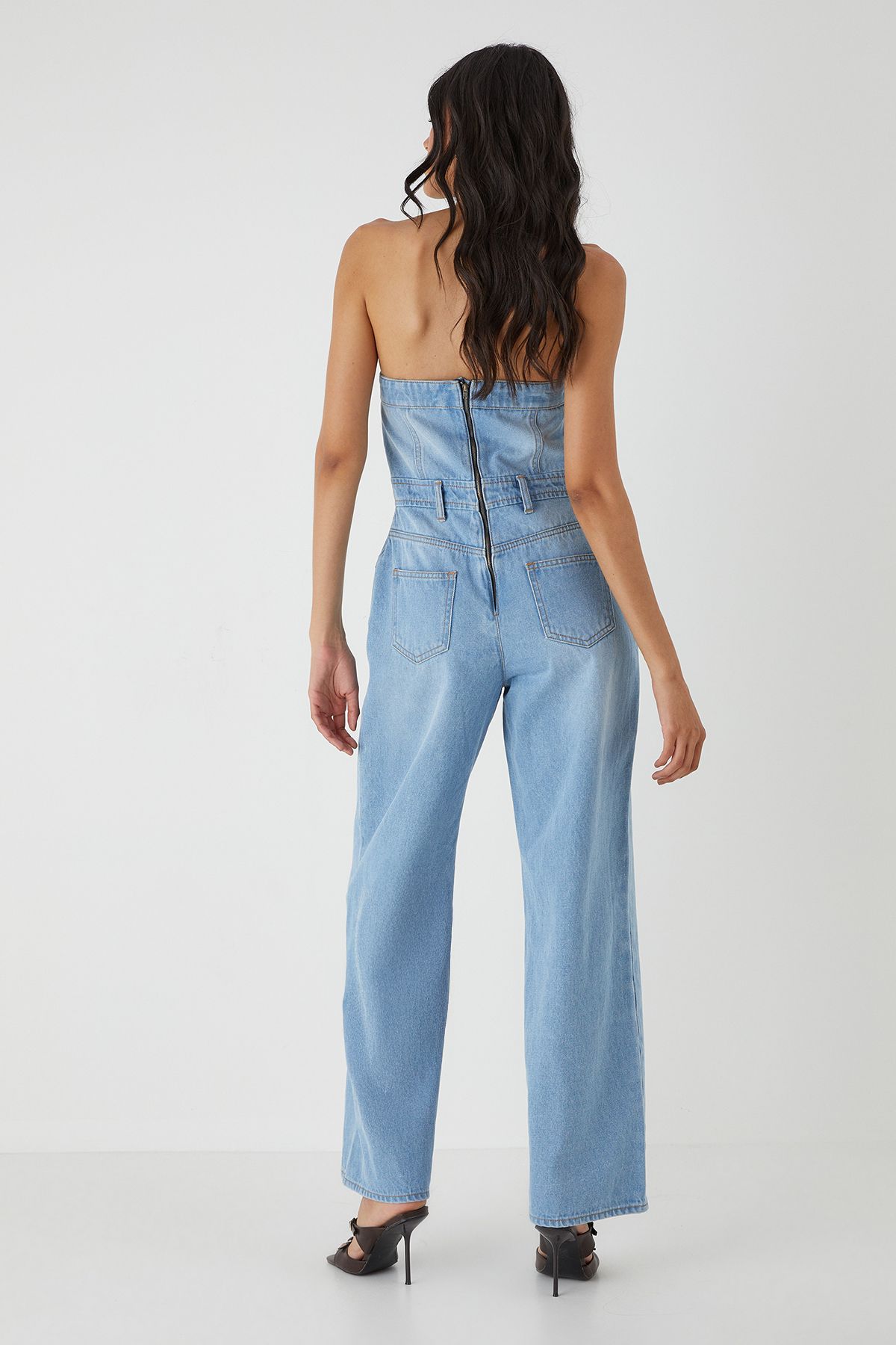 MissPap Denim Button Front Bandeau Jumpsuit Light Wash image 4