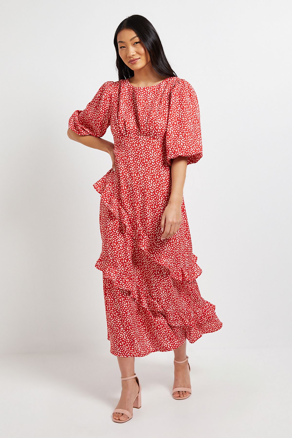 Dorothy Perkins Petite Red Heart Volume Sleeve Ruffle Detail Maxi Dress Red
