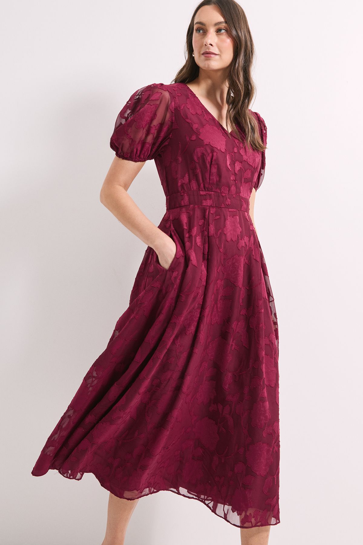 Principles Floral Jacquard Puff Sleeve Midi Dress Wine image 2