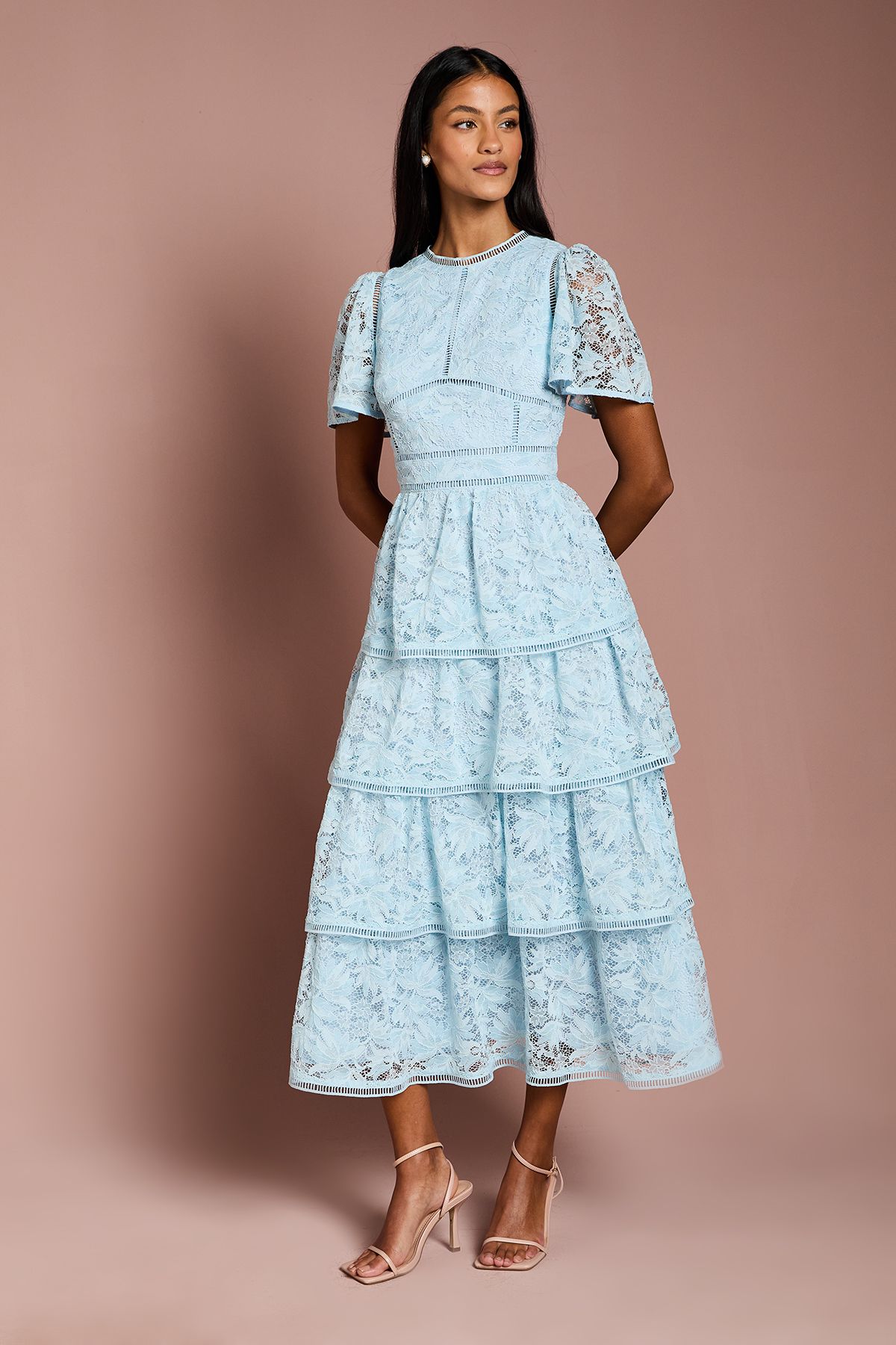 Coast Petite Tiered Lace Dress With Flutter Sleeve & Trims Pale Blue