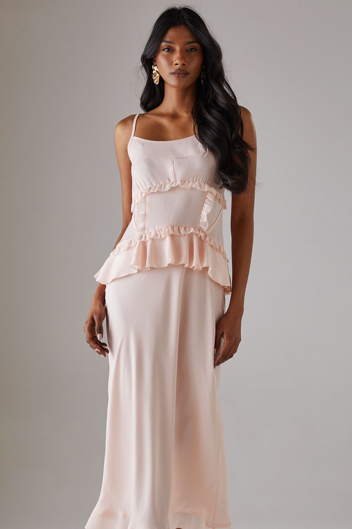 Warehouse Satin Strappy Seam Detail Peplum Midi Dress Soft Pink image 4