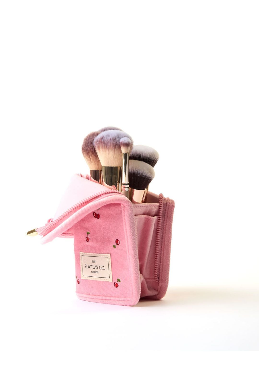 The Flat Lay Co Standing Makeup Brush Case - Ditsy Cherries Pink Embroidered Velvet Multi image 3