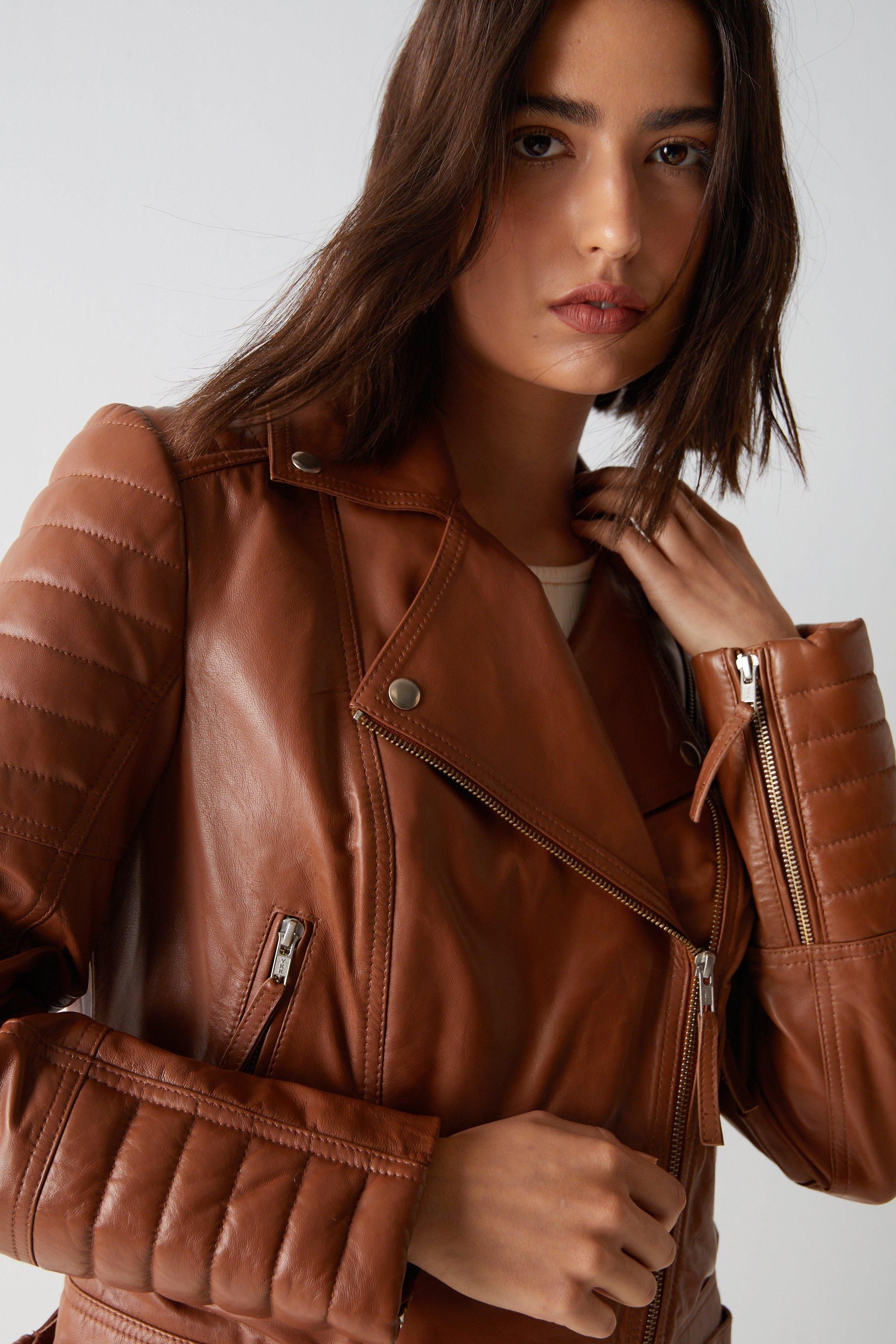 Warehouse Essentials Real Leather Quilted Biker Jacket Tan image 2