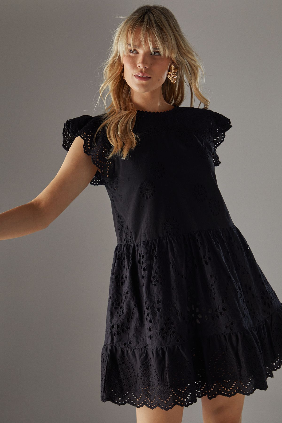 Warehouse Broderie Mix Tier Mini Smock Dress Black image 2