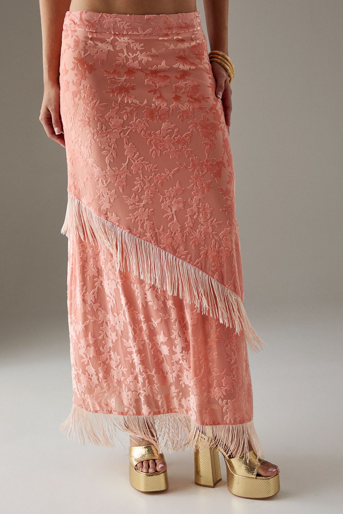 Warehouse Devore Fringe Detail Midi Skirt Pink image 2
