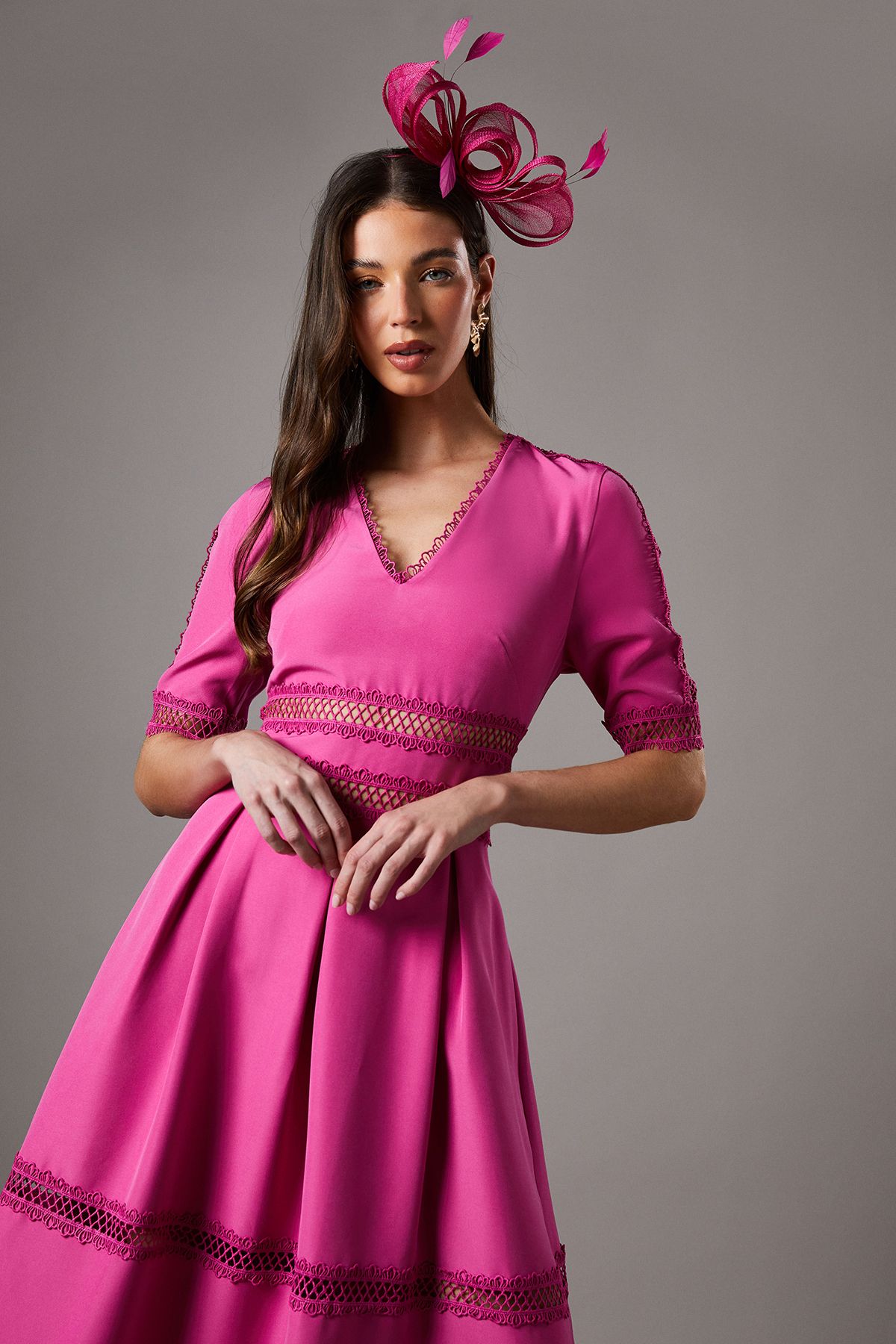 Coast Crochet Insert Crepe V Neck Midi Dress Pink image 2