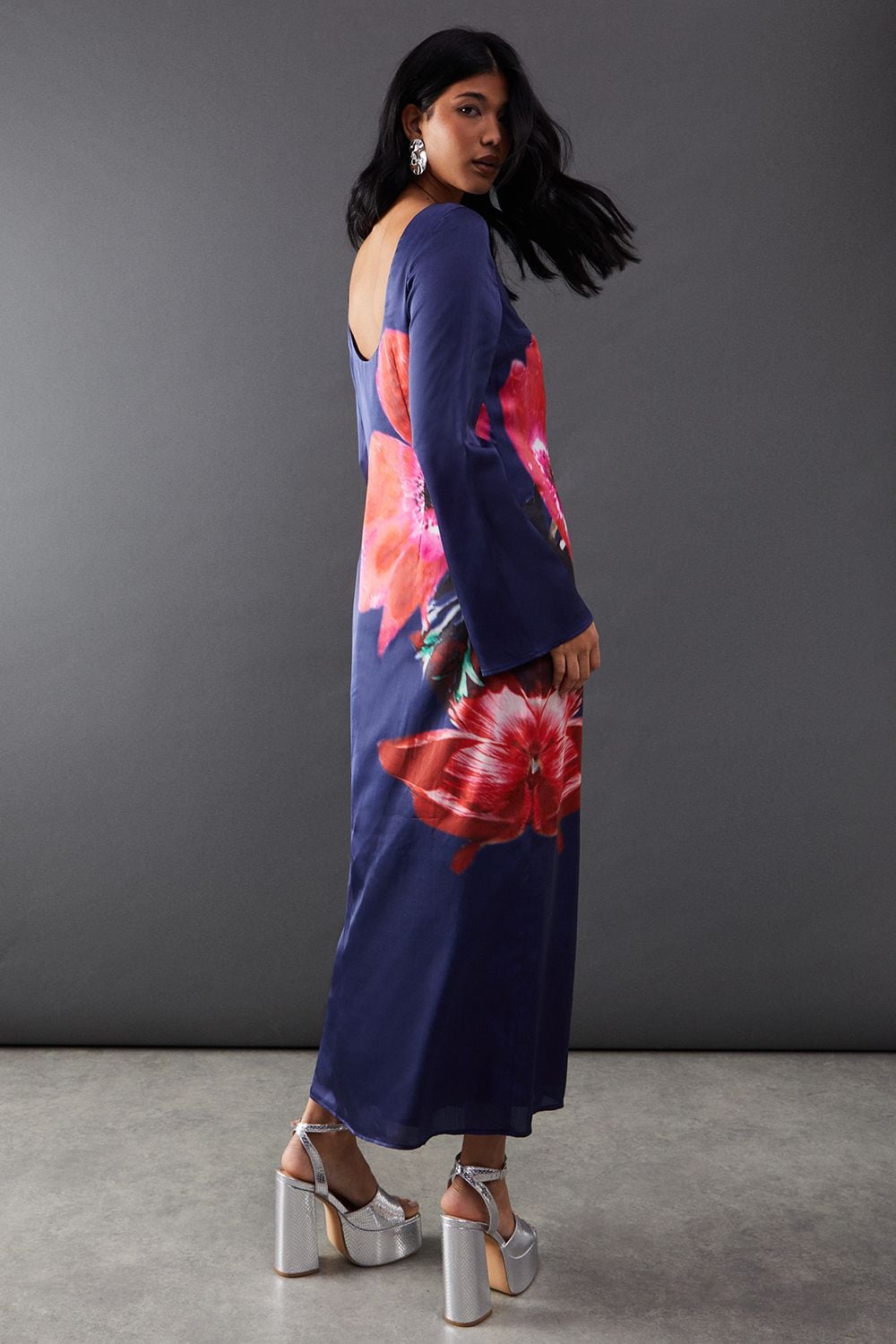 Warehouse Floral Placement Print Satin Midi Dress Navy image 3