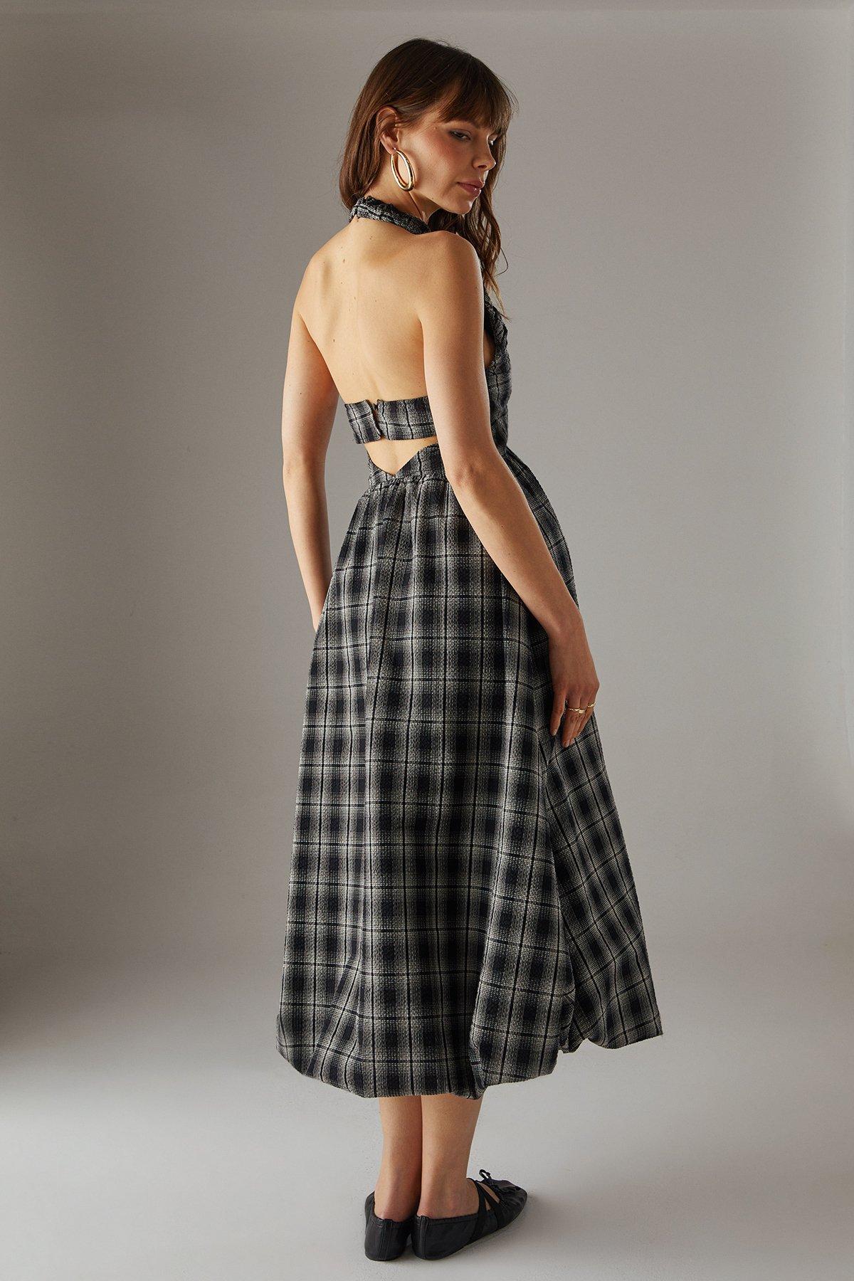 Warehouse Check Halter Open Back Puff Ball Midi Sundress Black image 3