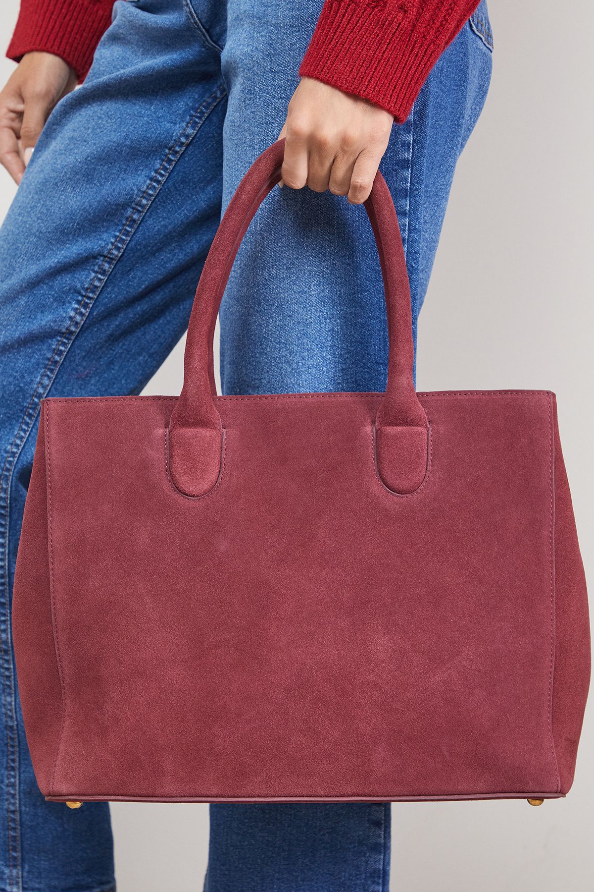 Oasis Claudia Suede Tote Bag With Pocket Dark Red image 2