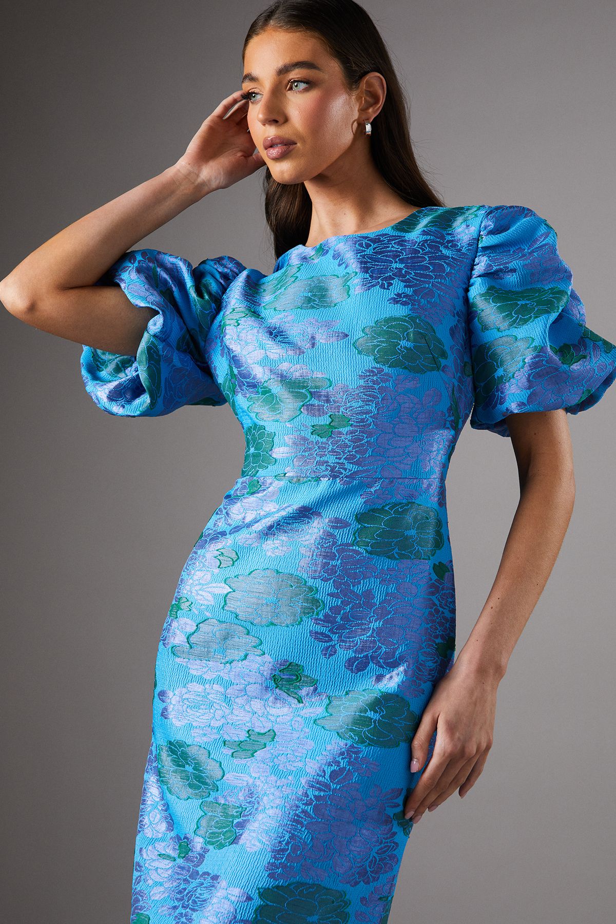Coast Blue Floral Puff Sleeve Midi Dress Blue image 4