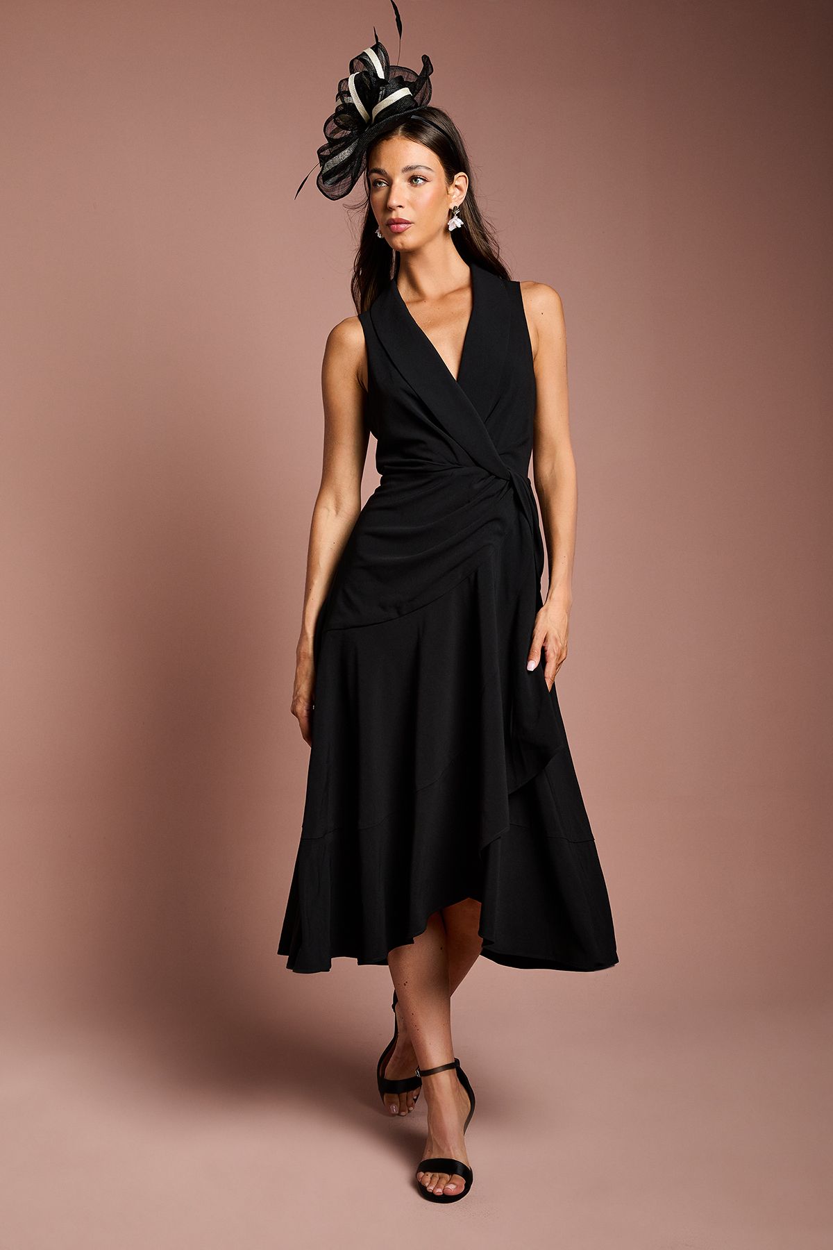 Coast Shawl Collar Ruffle Hem Midi Dress Black