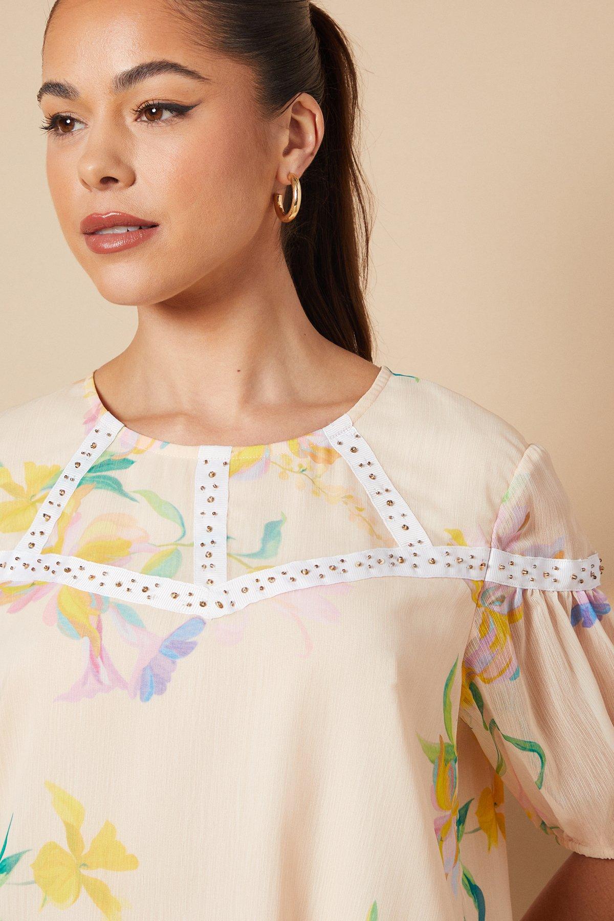 Oasis Floral Hand Embellished Trim scoop Neck Half Sleeve Blouse Multi image 2