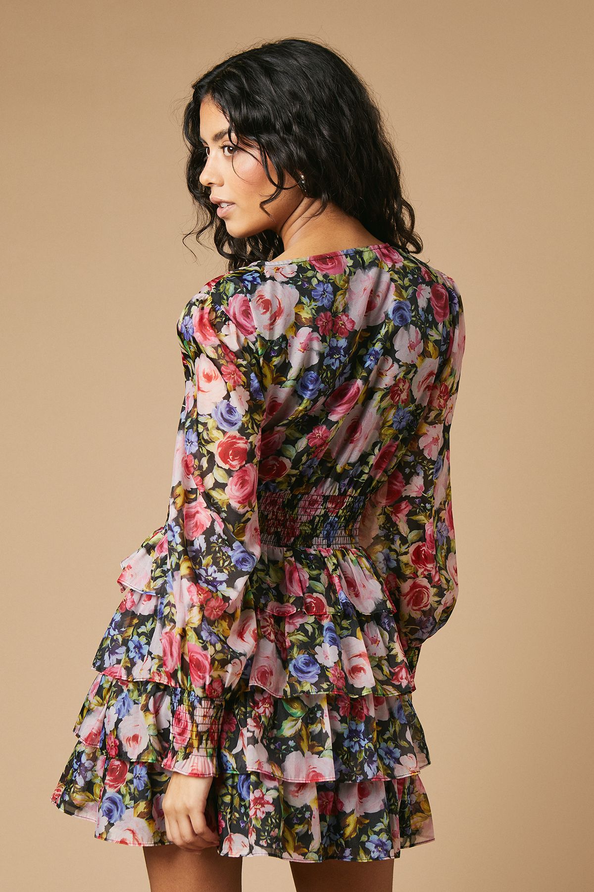 Oasis Petite Floral Printed Organza Shirred Waist Tiered Bow Mini Dress True Black image 3