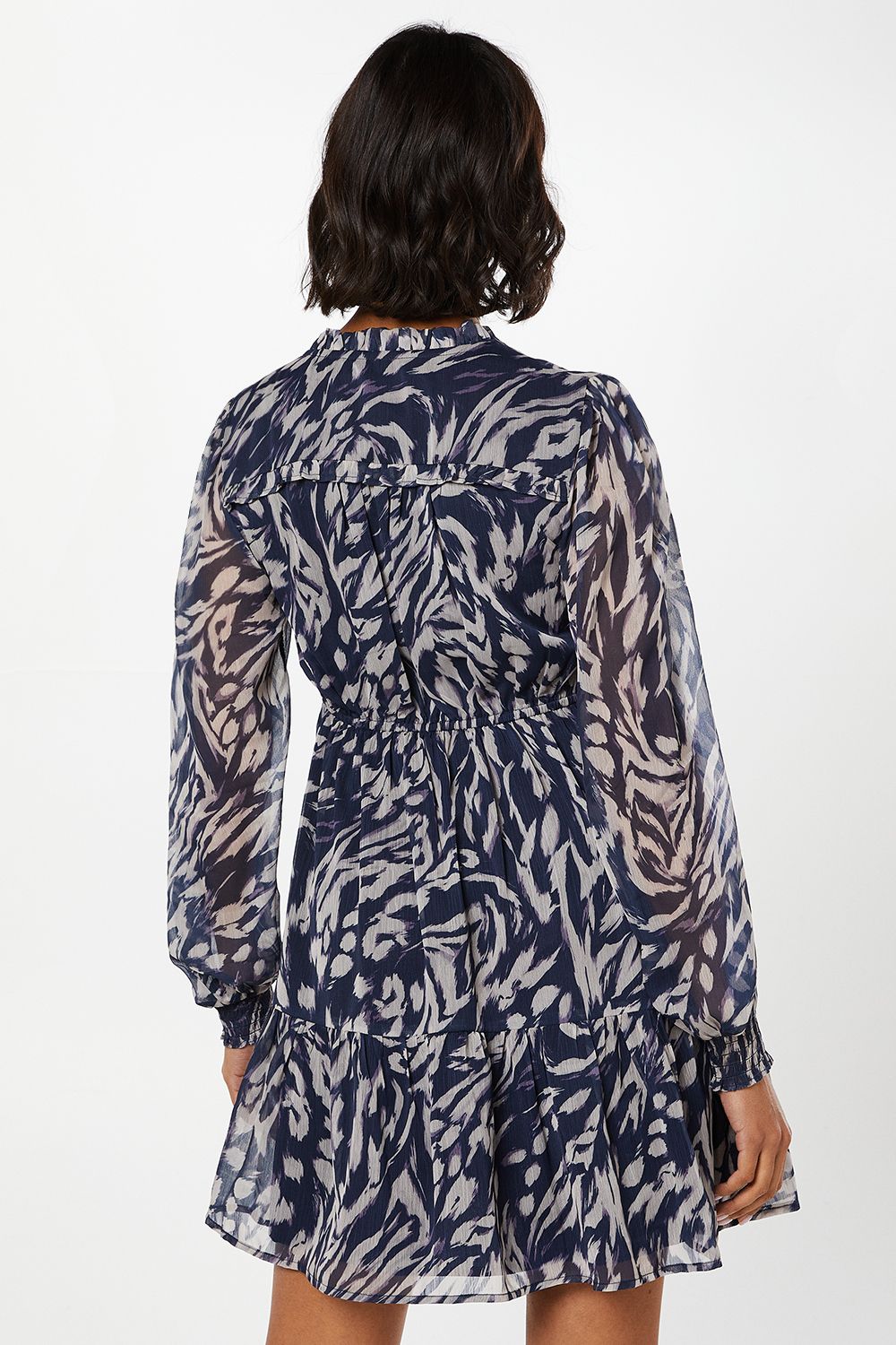 Dorothy Perkins Navy Animal Chiffon Ruffle Hem Long Sleeve Mini Dress Navy image 3