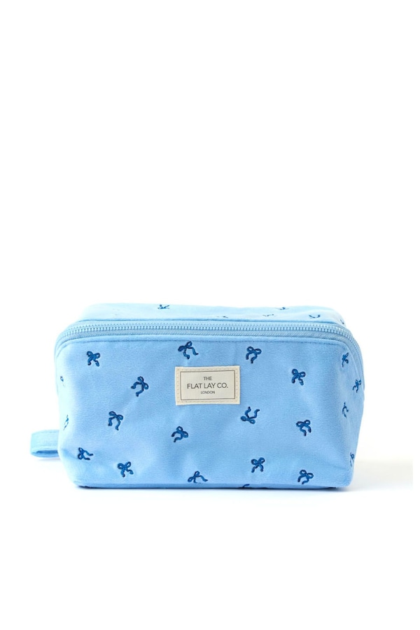 The Flat Lay Co Makeup Box Bag - Ditsy Bows Blue Embroidered Velvet Multi