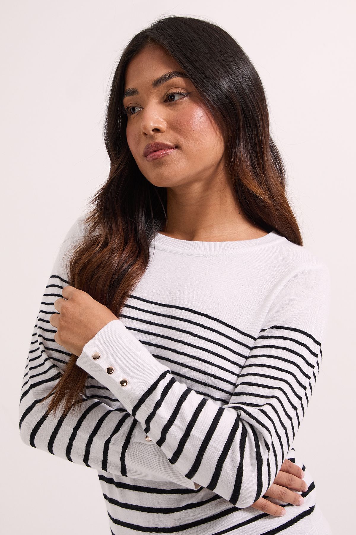 Dorothy Perkins Petite Stripe Crew Neck Button Cuff Jumper Stripe image 3