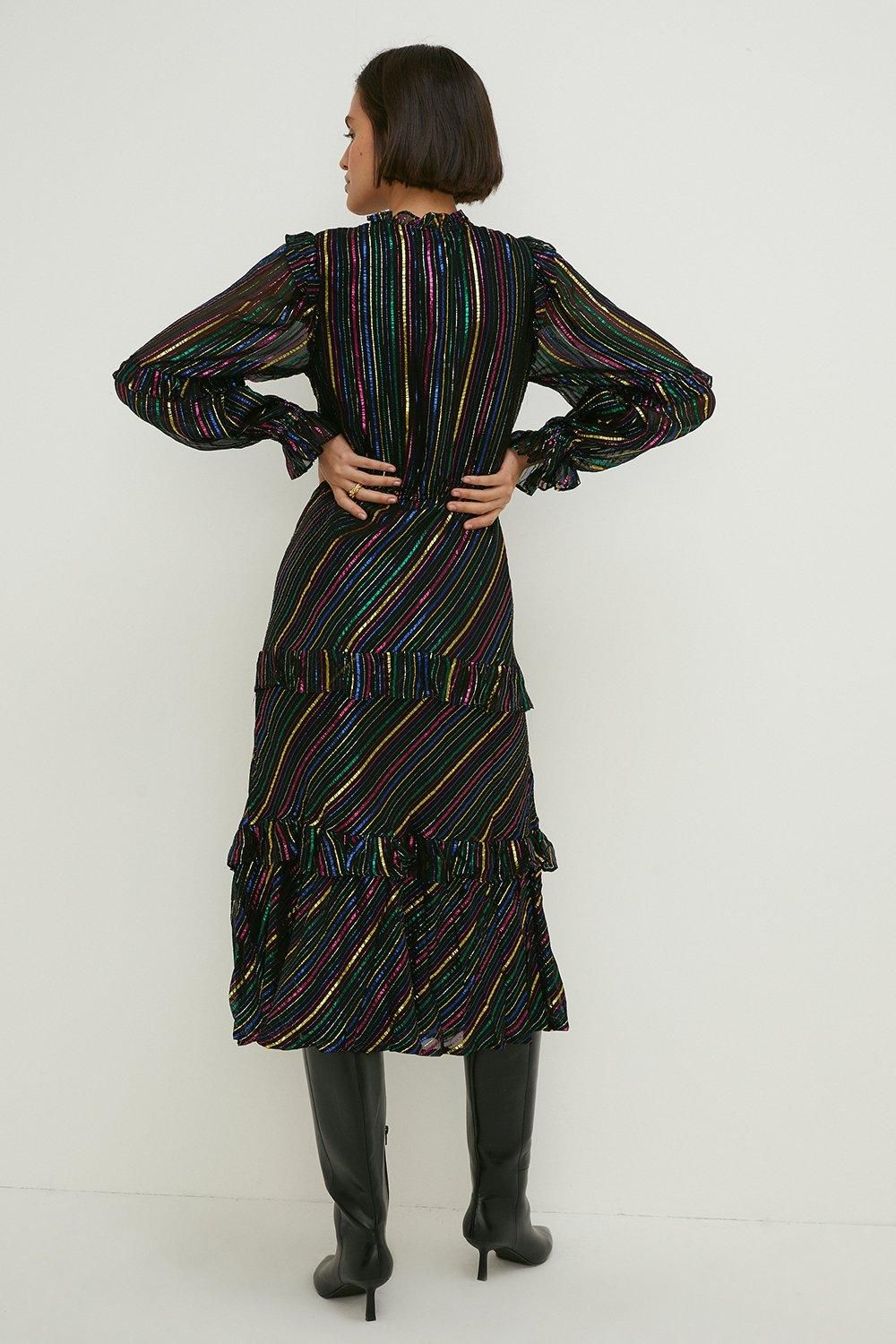 Oasis Petite Colourful Metallic Stripe Midi Dress Black image 3
