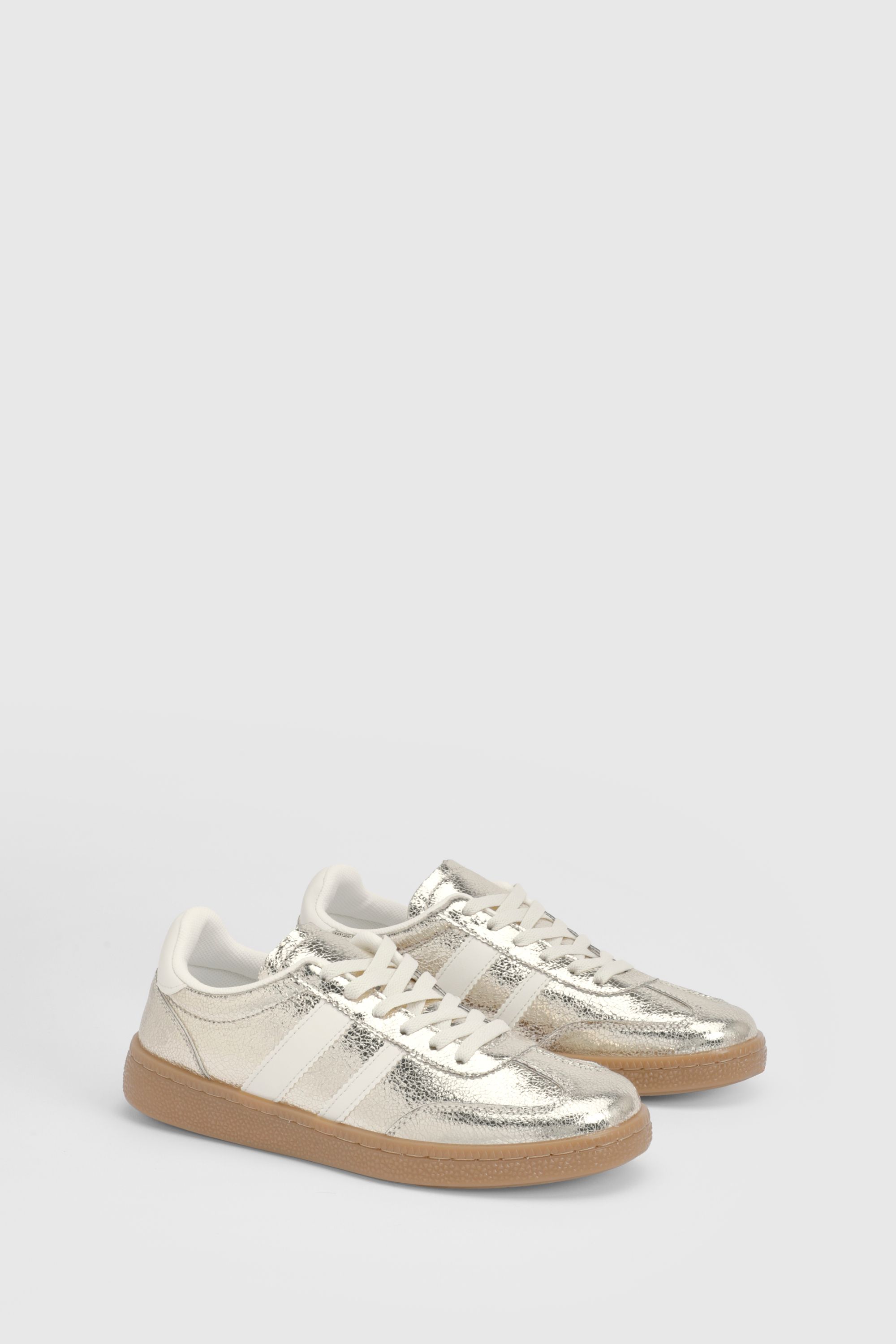 Oasis Erin Faux Metallic Leather Lace Up Trainers Gold