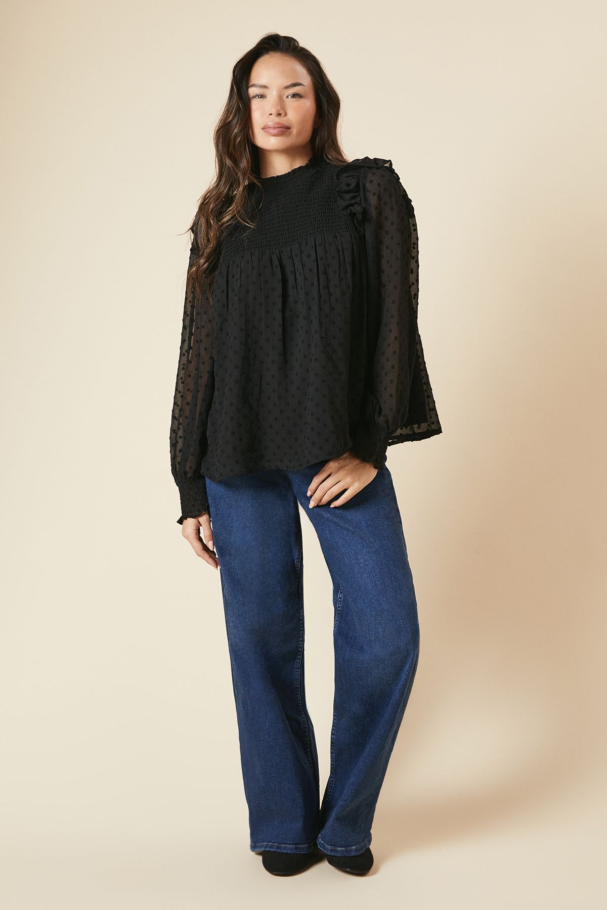 Dorothy Perkins Shirred Yoke Dobby Chiffon Long Sleeve Blouse Black image 2