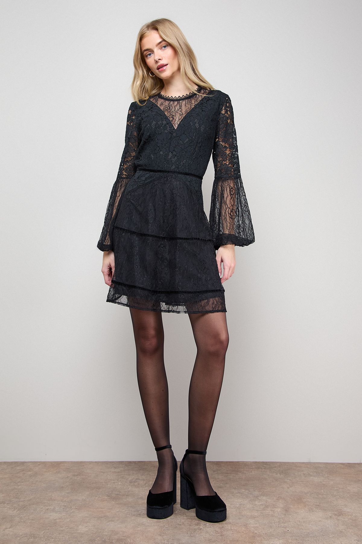 Oasis Mesh Lace Mix Balloon Sleeve Mini Skater Dress Black image 4