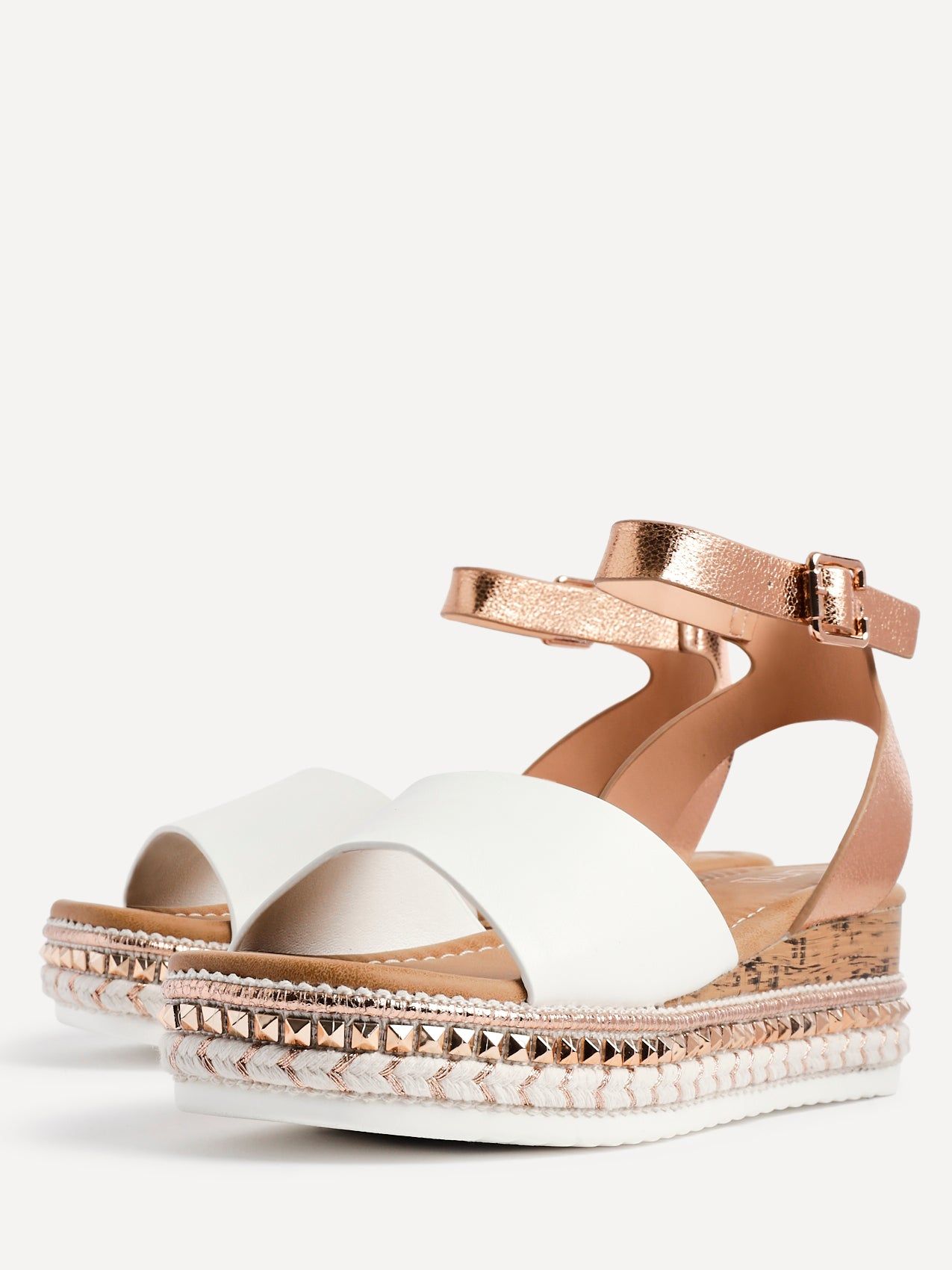 Linzi Venice Rose Gold & White Faux Leather Embellished Flatform Sandals image 5