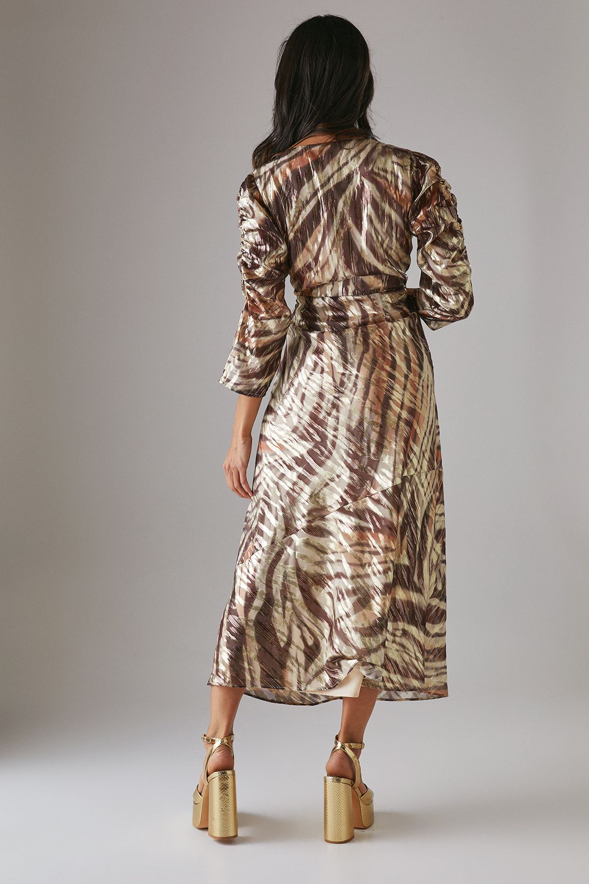 Warehouse Metallic Jacquard Ruched Sleeve Plunge Neck Bias Midi Dress Zebra image 3