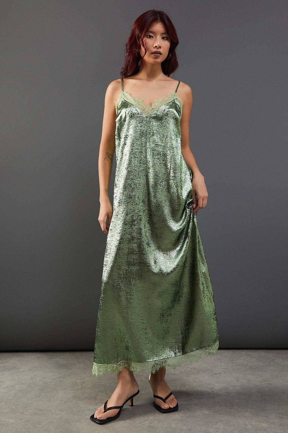Warehouse Green Metallic Lame Strappy Lace Insert Slip Midi Dress
