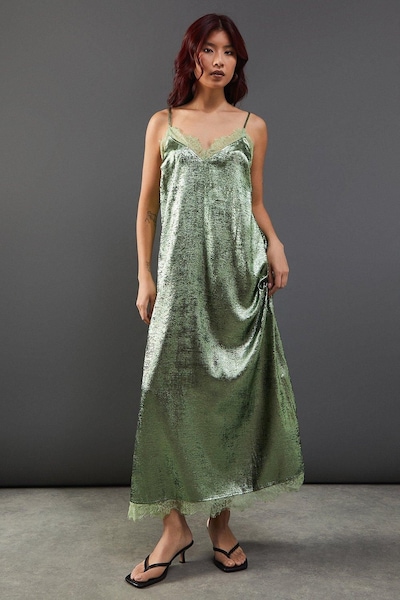Warehouse Metallic Lame Strappy Lace Insert Slip Midi Dress Green