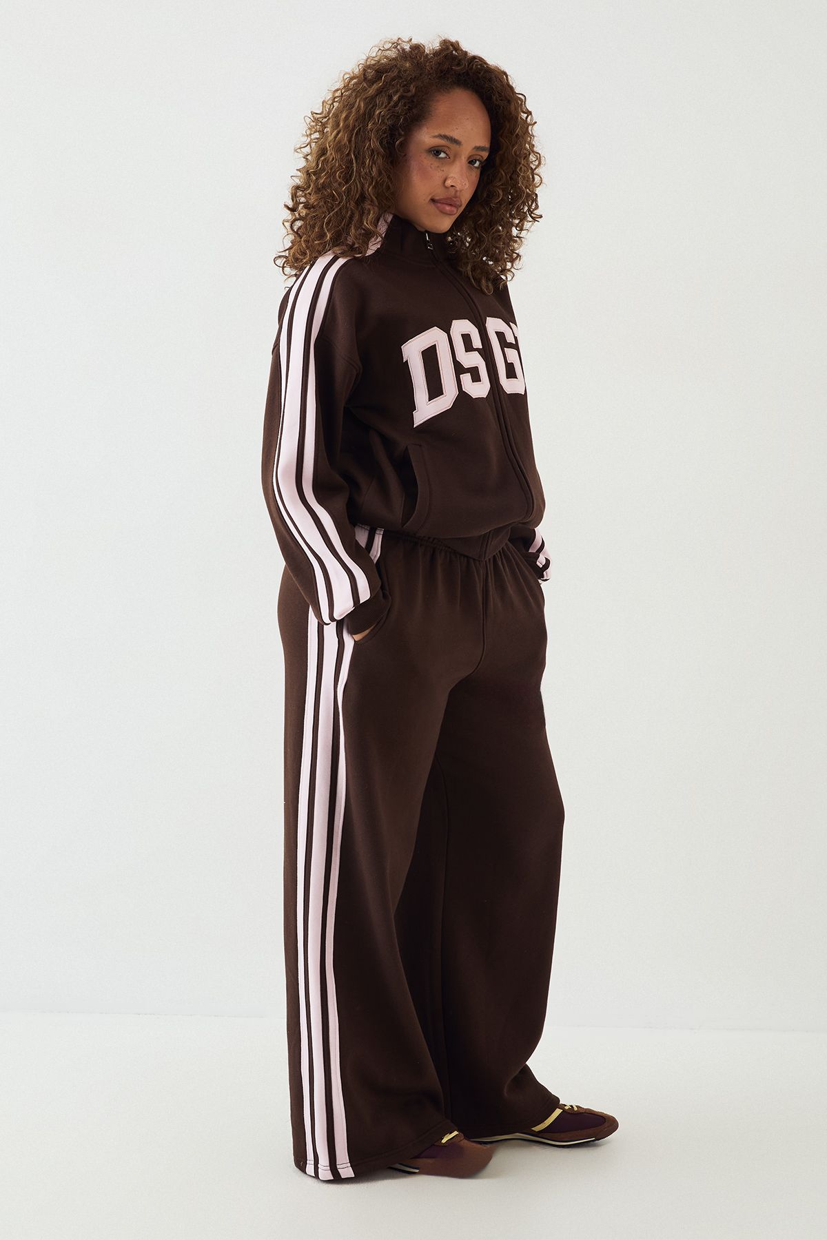 DSGN Studio DSGN Side Stripe Funnel Neck Zip Through Bomber Tracksuit Dark Chocolate image 1