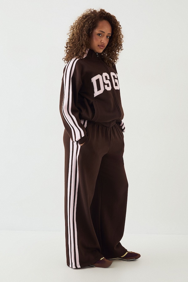 DSGN Studio DSGN Side Stripe Funnel Neck Zip Through Bomber Tracksuit Dark Chocolate