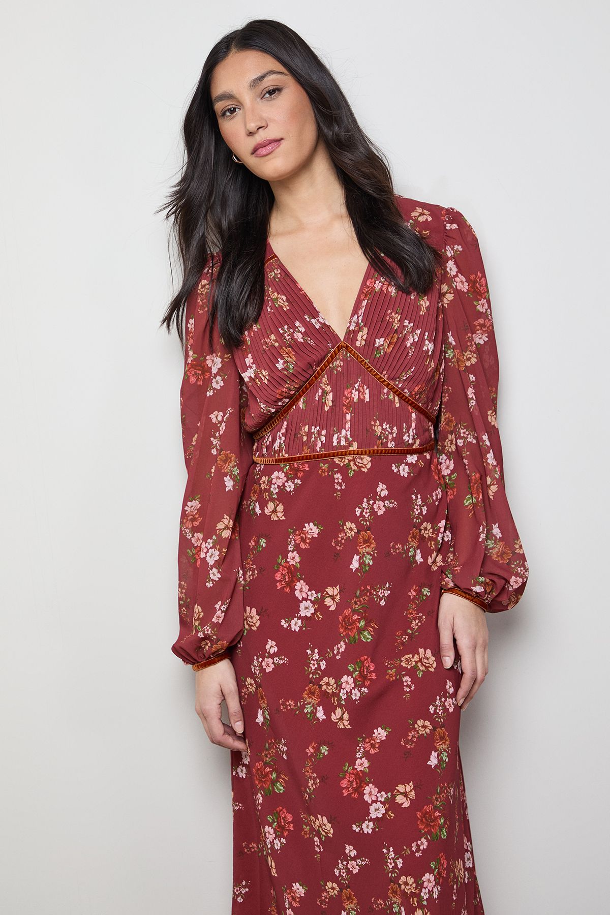 Oasis Printed Pleated Bodice Detail Midi Dress Rust image 2