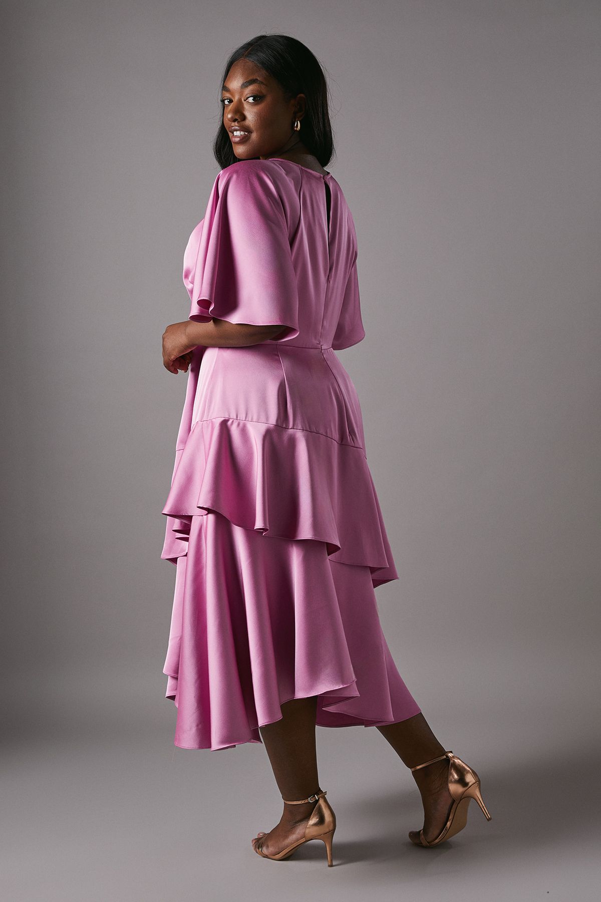 Coast Plus Cut Out Sleeve Satin Midi Dress Pink image 4