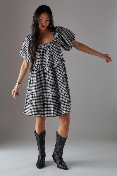 Warehouse Petite Embroidered Gingham Smock Mini Dress Black