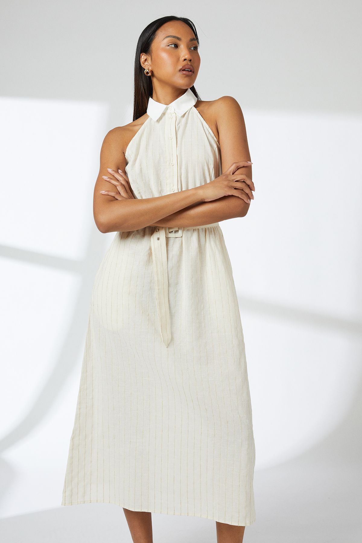 Principles Sand Pinstripe Collared Halterneck Midi Dress Sand image 2