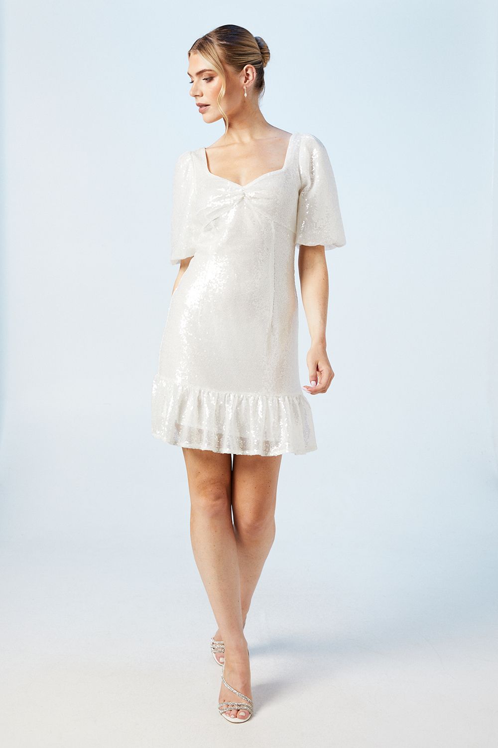 Oasis Sweetheart Puff Sleeve Sequin Bridal Mini Dress Ivory image 2