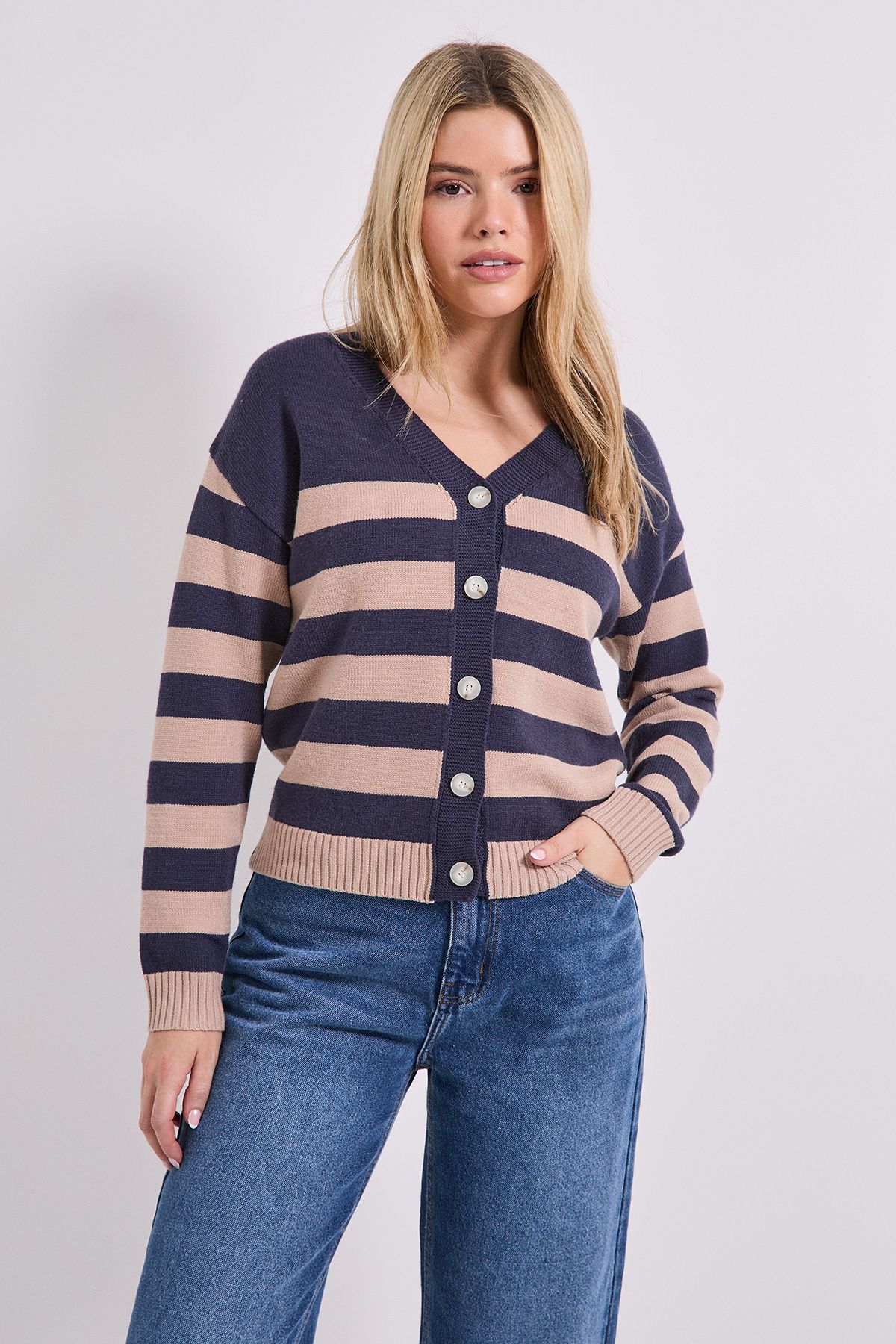 Dorothy Perkins Stripe V Neck Knit Cardigan Navy image 4