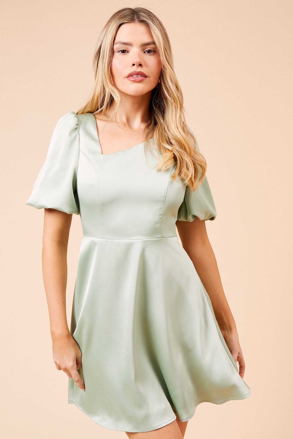 Dorothy Perkins DP Luxe Square Neck Puff Sleeve Mini Dress Sage image 1