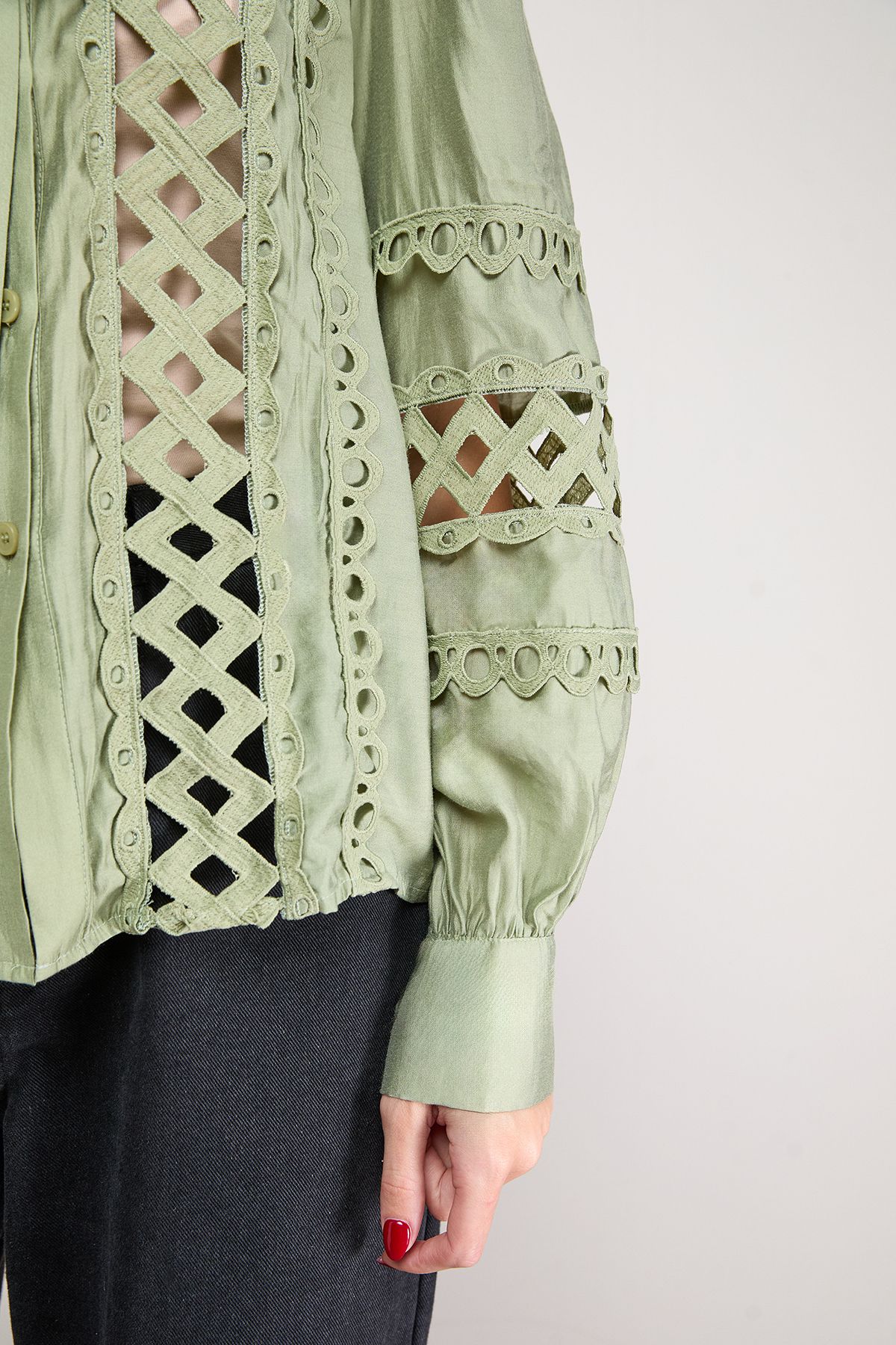 Oasis Cut Out Trim Detail Tie Neck Button Down Blouse Khaki image 5