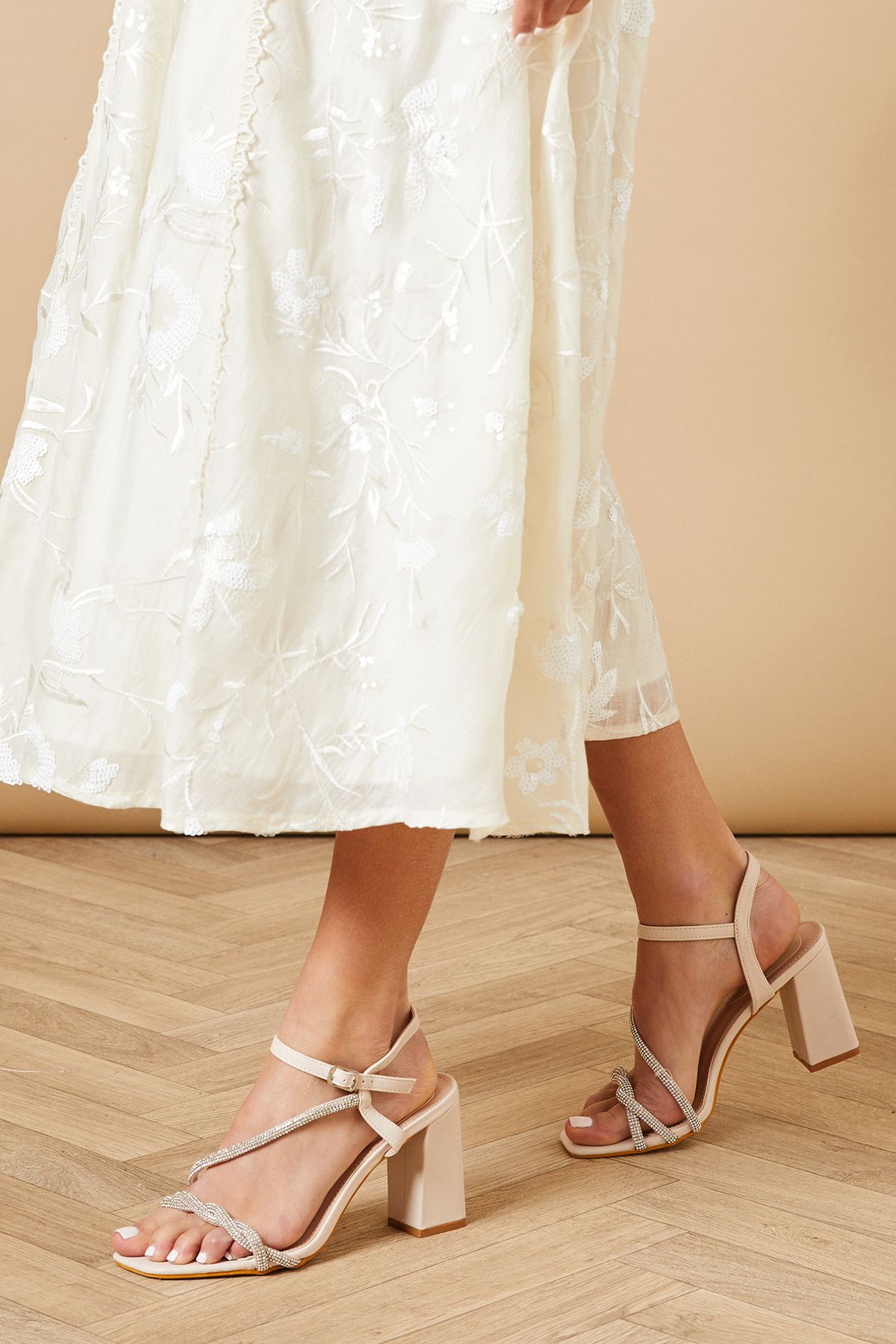 Oasis Andrea Faux Leather Twist Diamante High Block Heel Sandals Beige image 1