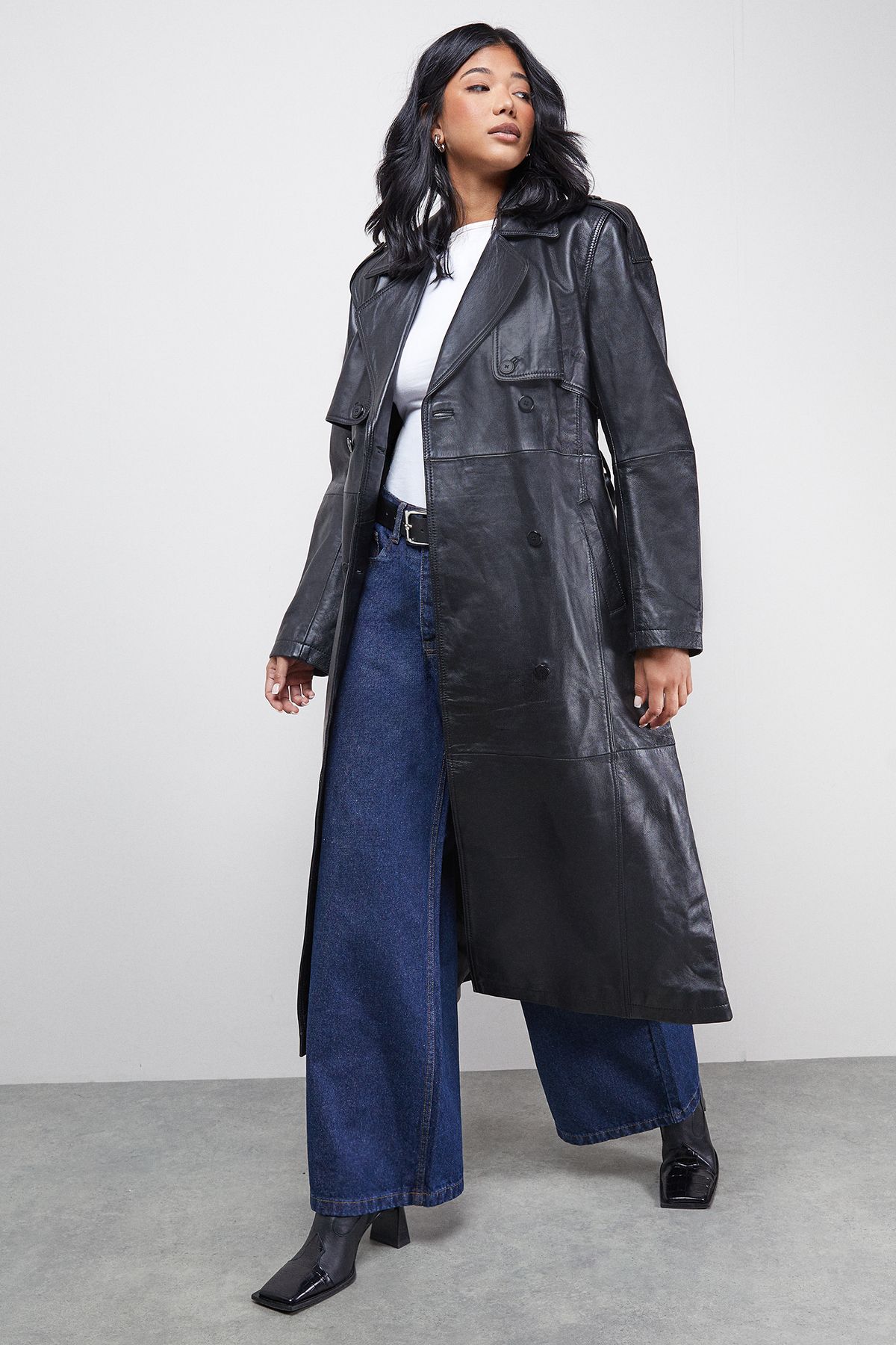 Warehouse Real Leather Belted Trench Coat Black image 2