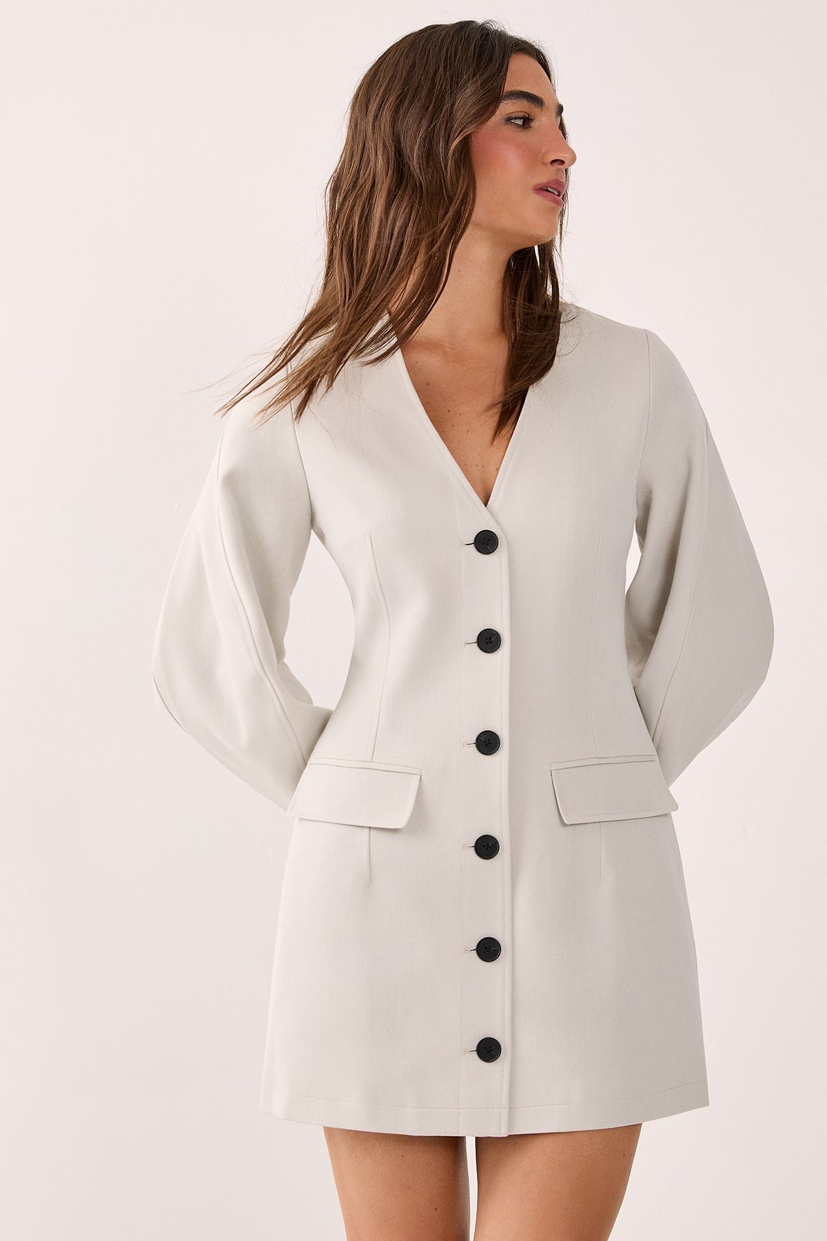 NastyGal Tailored Cocoon Sleeve Button Through Mini Blazer Dress Ecru