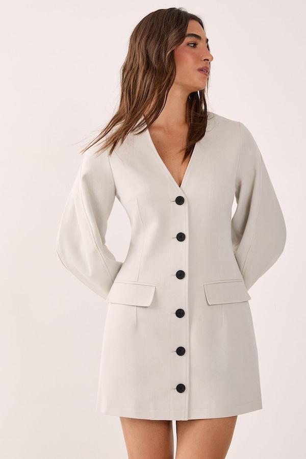 NastyGal Tailored Cocoon Sleeve Button Through Mini Blazer Dress Ecru