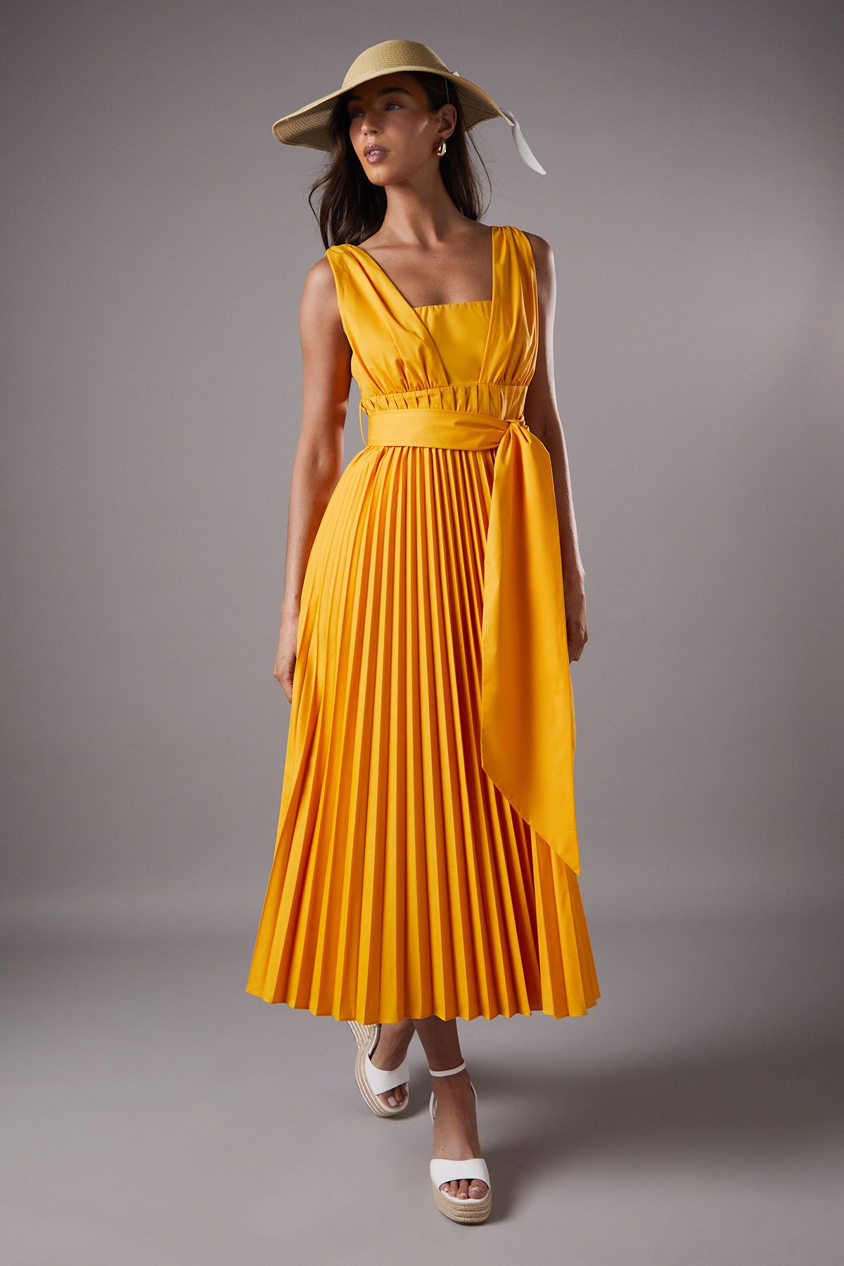 Coast Lisa Tan Polo Pleated Cotton Belted Midi Dress Yellow image 2