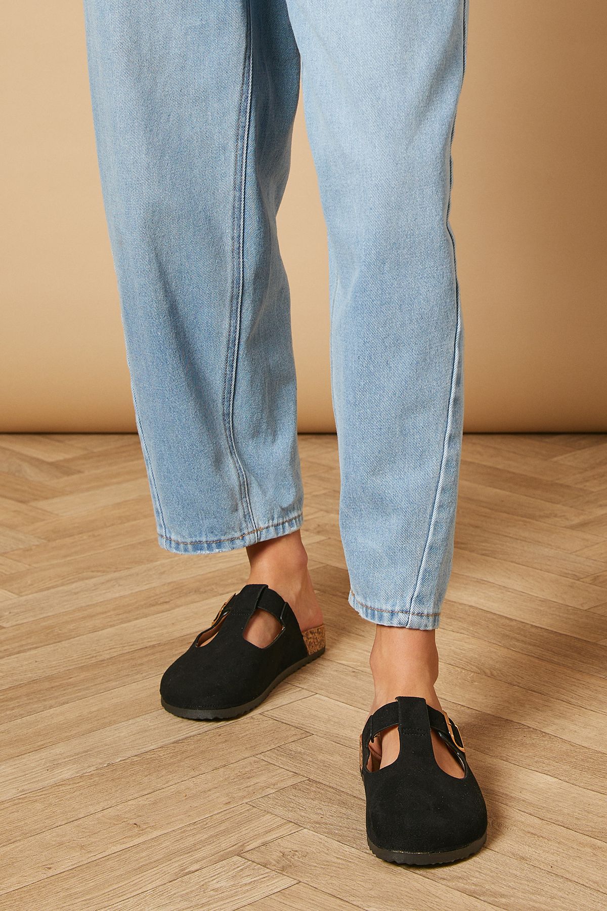 Oasis Emmeline Faux Suede T Bar Mary Jane Closed Toe Footbed Mules Natural Black image 2