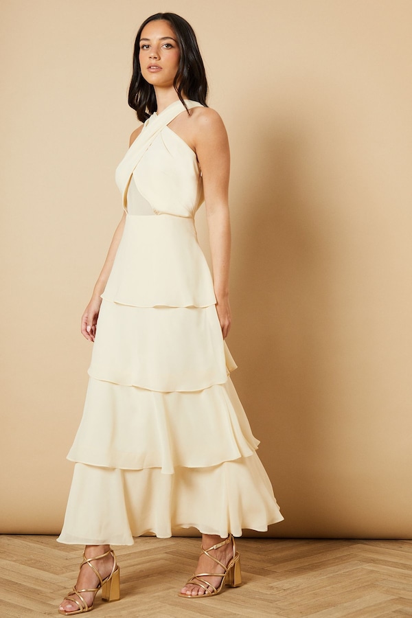Oasis Halter Neck Chiffon Tiered Maxi Dress Cream
