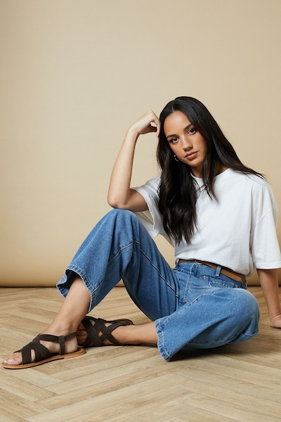 Oasis Fara Suede Cross Strap Flat Sandals Chocolate